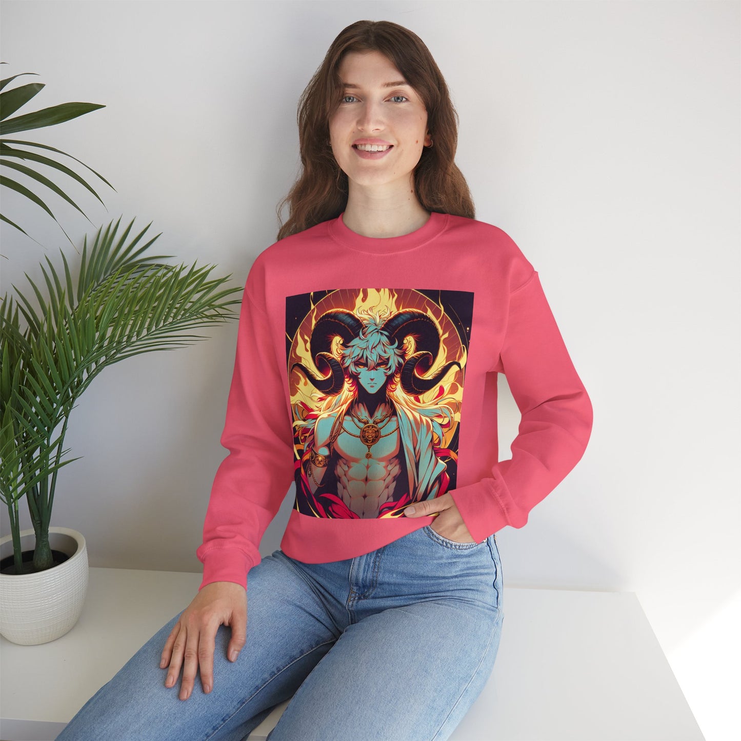 Unisex Heavy Blend™ Crewneck Sweatshirt, Anime Fire Aries, Zodiac Design