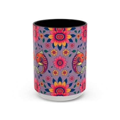 Accent Coffee Mug, Pisces, Zodiac v2, Flower Pattern, (11, 15oz)
