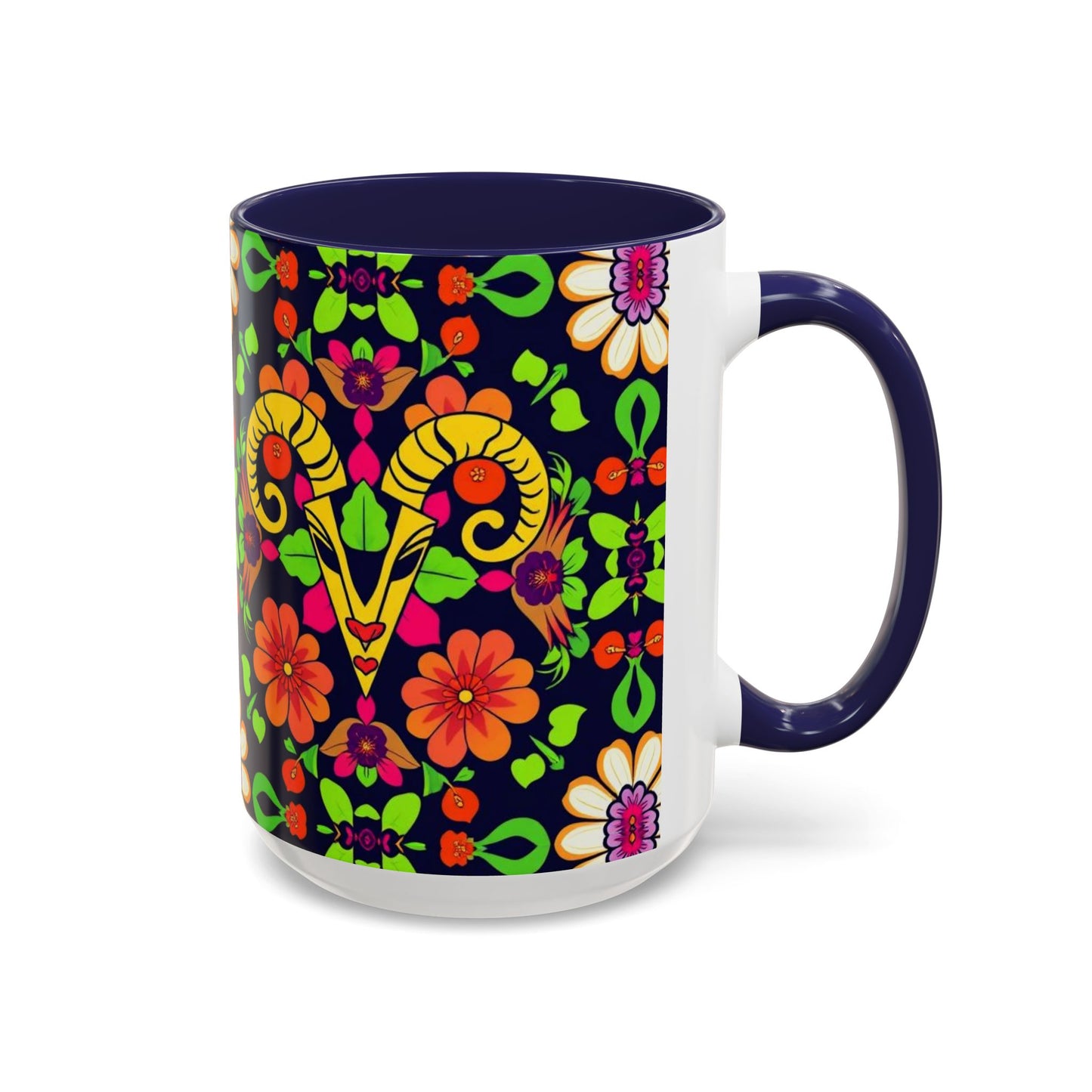 Accent Coffee Mug, Aries, Zodiac v2, Flower Pattern, (11, 15oz)