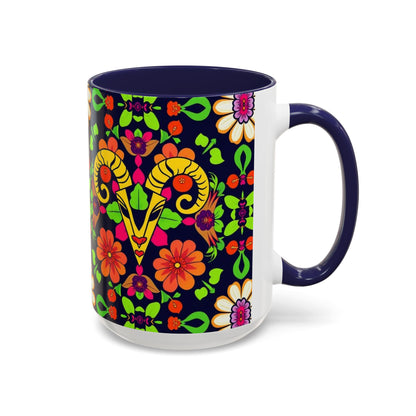 Accent Coffee Mug, Aries, Zodiac v2, Flower Pattern, (11, 15oz)