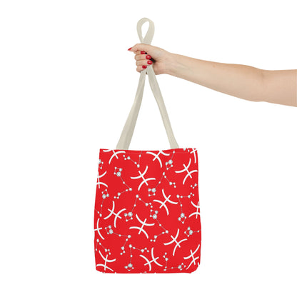 Tote Bag, Pisces Zodiac Sign, AOP, (Red, White)
