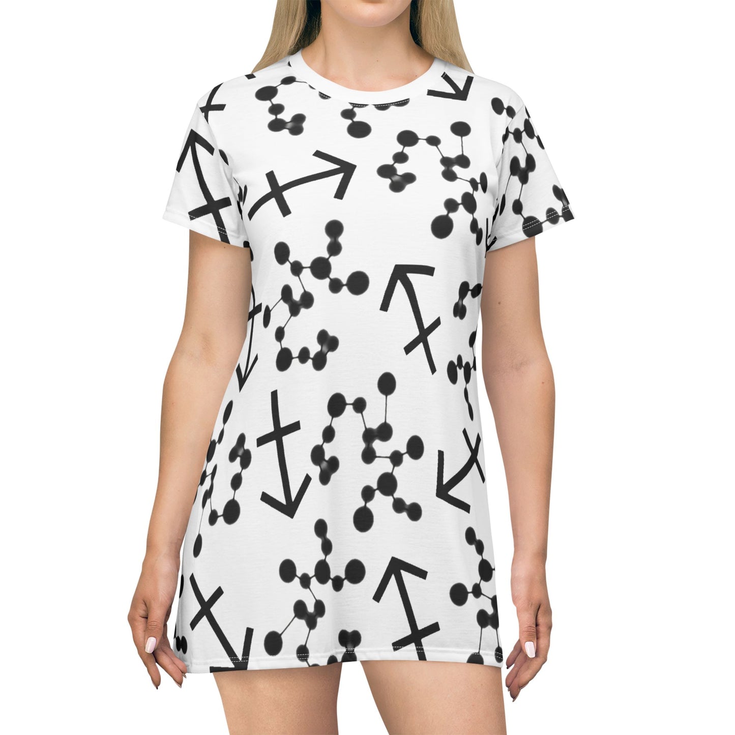 T-Shirt Dress (AOP), 100% Polyester, White thread color, Sagittarius Zodiac design