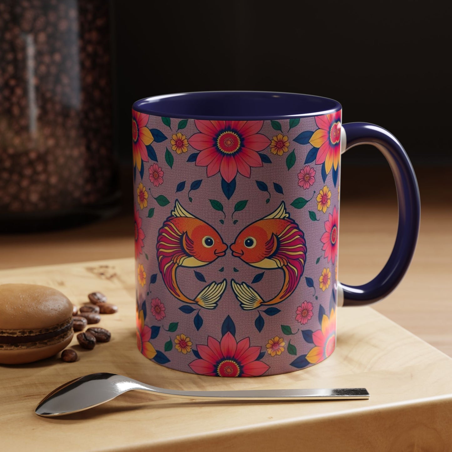Accent Coffee Mug, Pisces, Zodiac v2, Flower Pattern, (11, 15oz)
