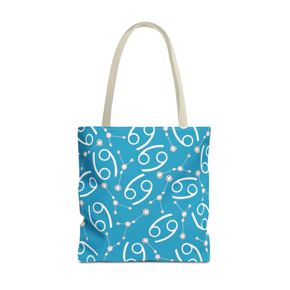 Tote Bag, Cancer Zodiac Sign, AOP, (Turquoise, White)