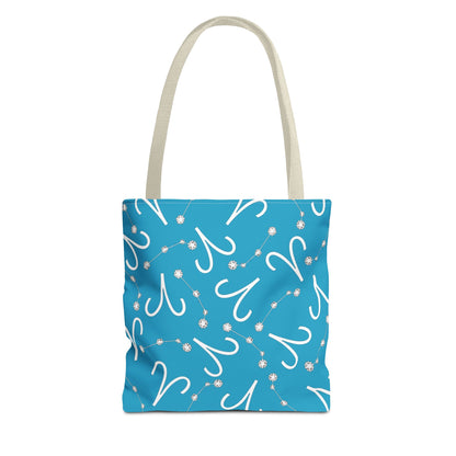 Tote Bag, Aries Zodiac Sign, AOP, (Turquoise, White)
