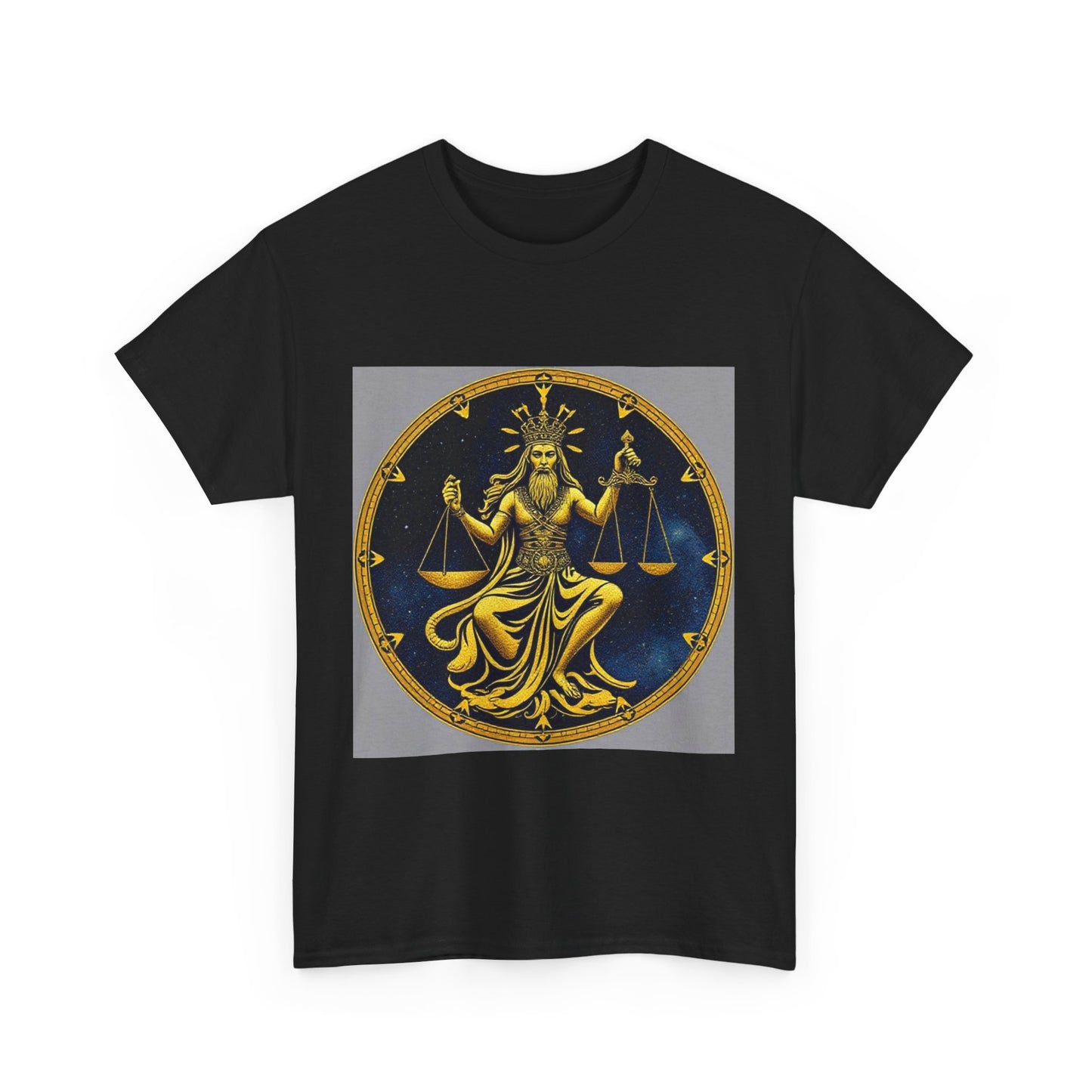 Unisex Heavy Cotton T-Shirt, Gold v1, Libra God, Zodiac Design
