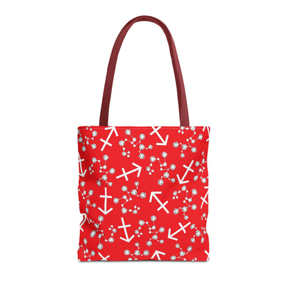 Tote Bag, Sagittarius Zodiac Sign, AOP, (Red, White Print)