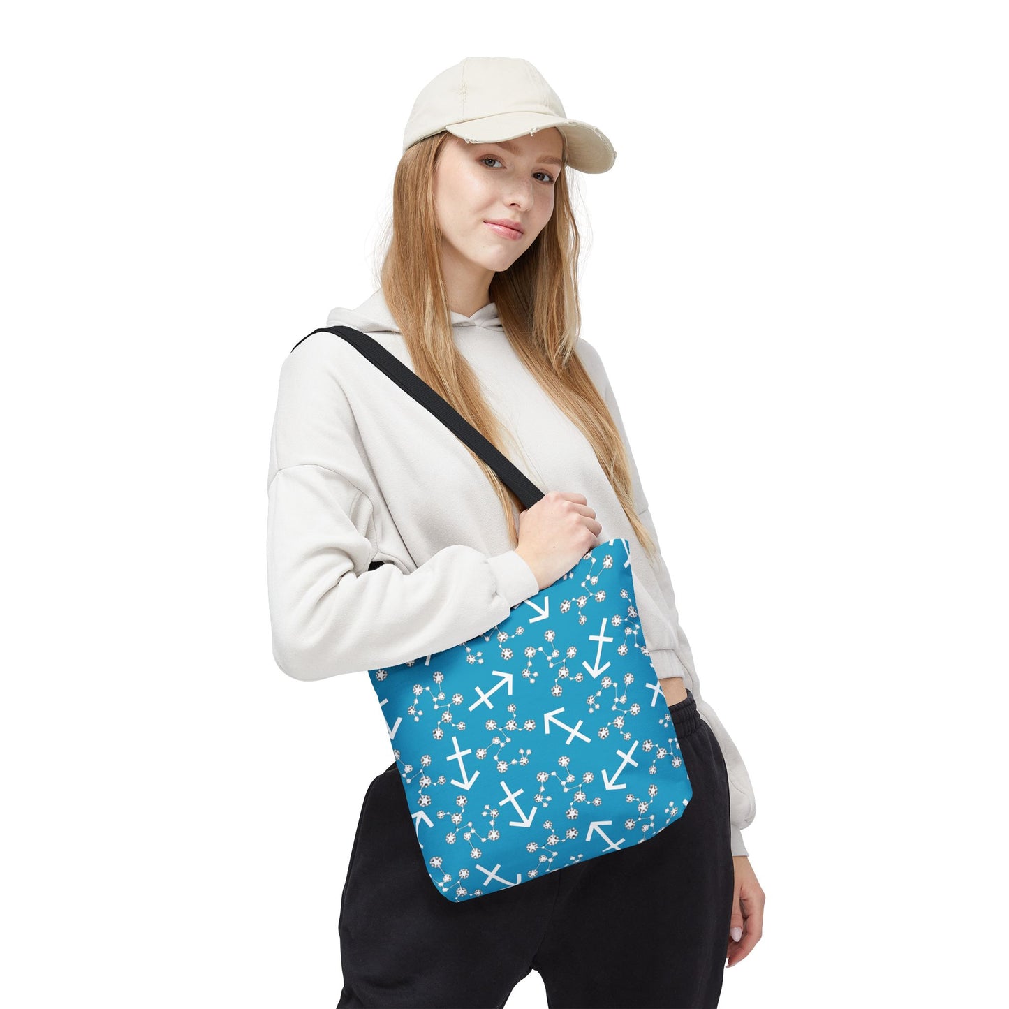 Tote Bag, Sagittarius Zodiac Sign, AOP, (Turquoise, White Print)