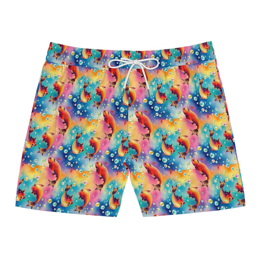 Men's Mid-Length Swim Shorts, (AOP), Pisces, Zodiac v1, Bubble Pattern