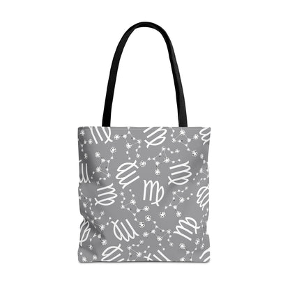Tote Bag, Virgo Zodiac Sign, AOP, (Grey, White)