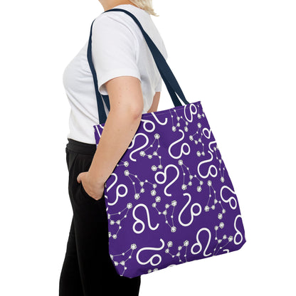 Tote Bag, Leo Zodiac Sign, AOP, (Purple, White)