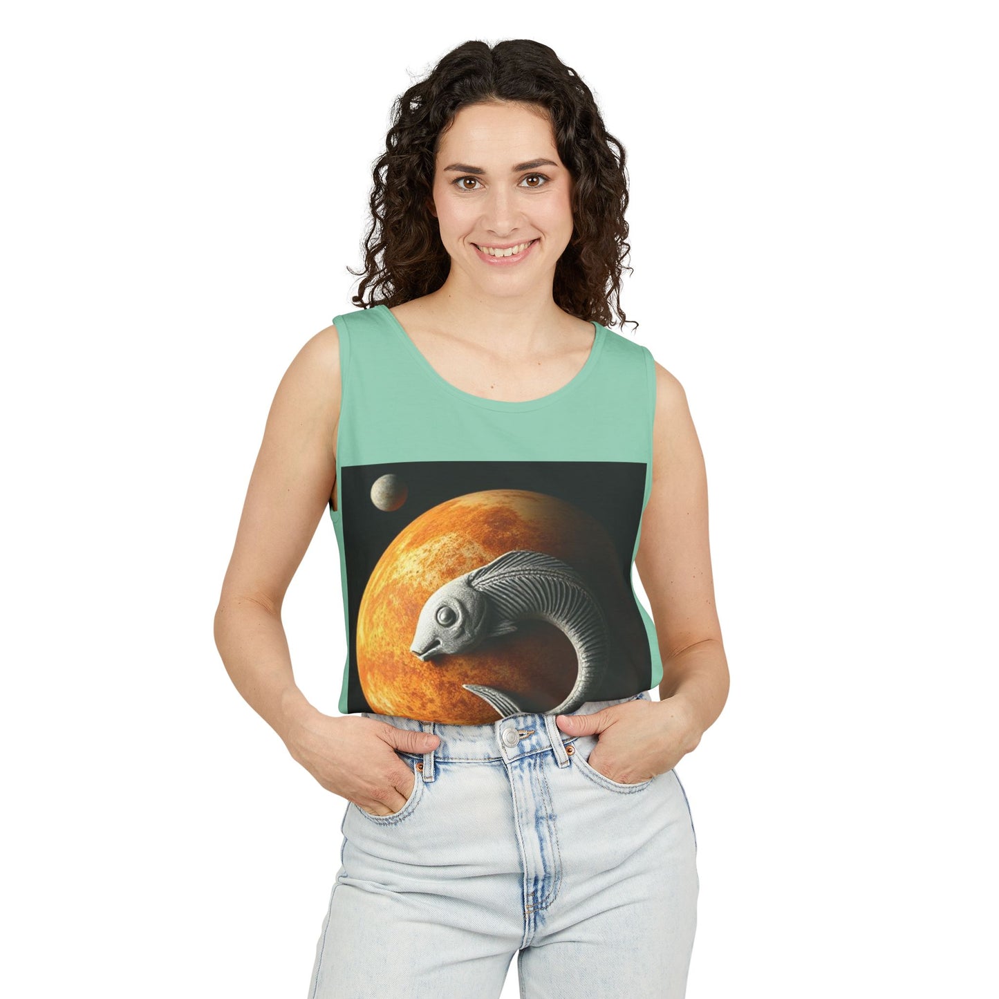 Unisex Garment-Dyed, Tank Top, Pisces Design, Space Animal, 100% US cotton