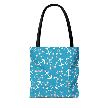 Tote Bag, Sagittarius Zodiac Sign, AOP, (Turquoise, White Print)