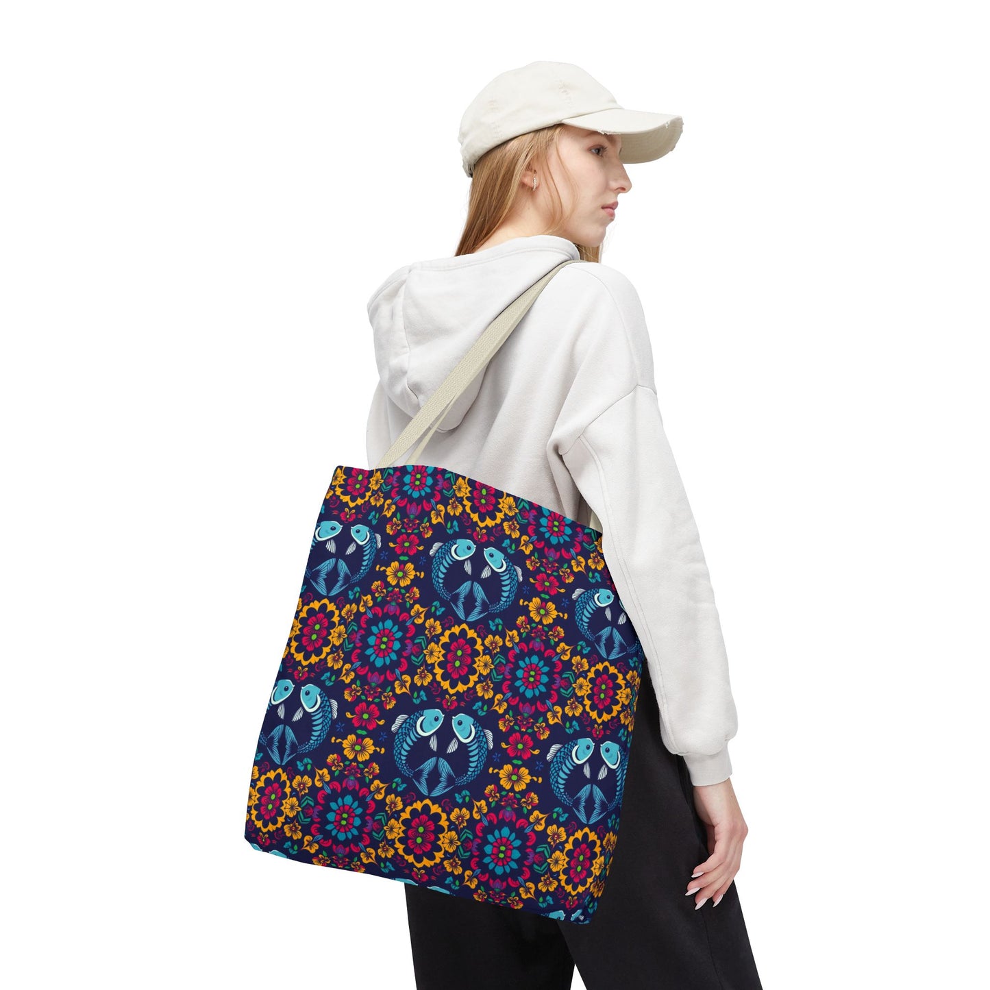 Tote Bag, (AOP), Pisces, Zodiac v3, Flower Pattern
