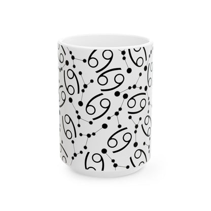 Ceramic Mug, (11oz, 15oz), Ceramic Coffee Mug, AOP, Constellation & Symbol, Cancer Zodiac Design