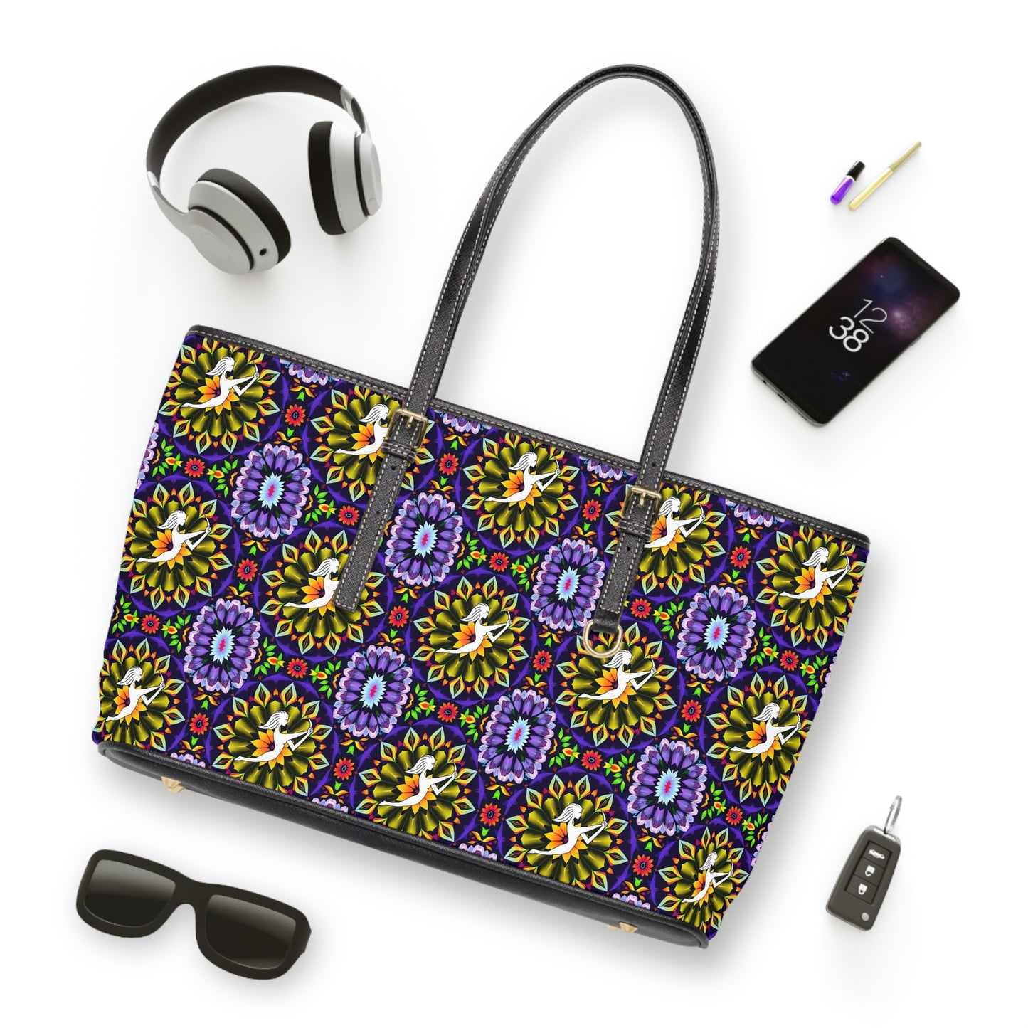 Leather Shoulder Bag, Sagittarius, Zodiac v2, Flower Pattern