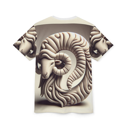 Unisex Cut & Sew T-Shirt (AOP), Stone Carving, Aries Zodiac Design, Regular fit, 100% Polyester