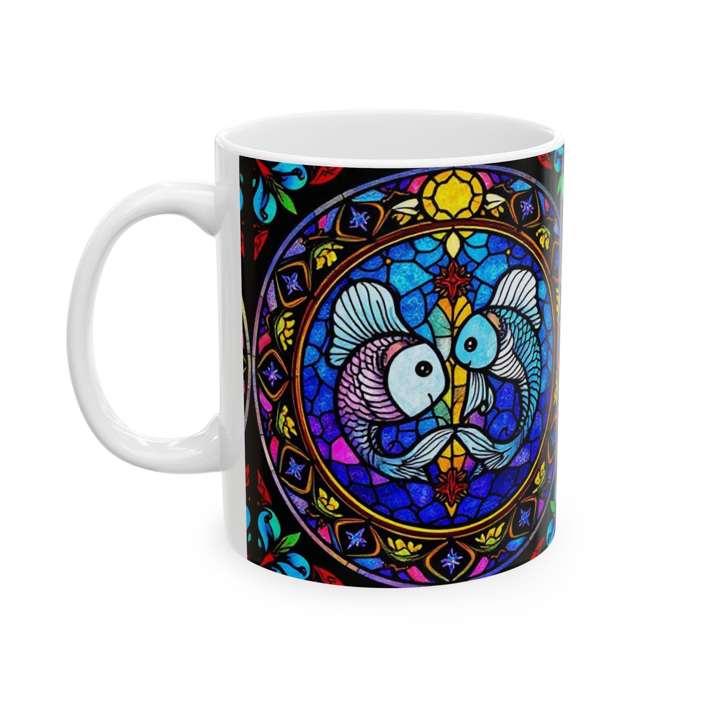 Ceramic Mug, (11oz, 15oz), Ceramic Coffee Mug, AOP, Glass Design v1, Pisces Zodiac Sign