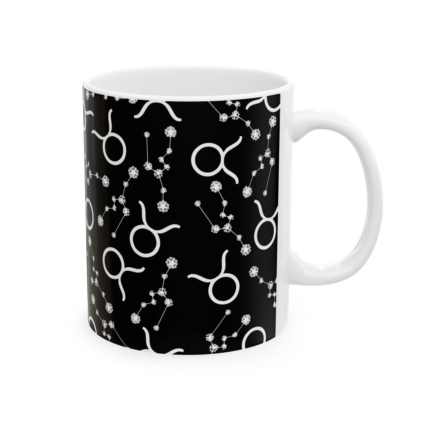 Ceramic Mug, (11oz, 15oz), Ceramic Coffee Mug, Black AOP, Taurus Zodiac Design
