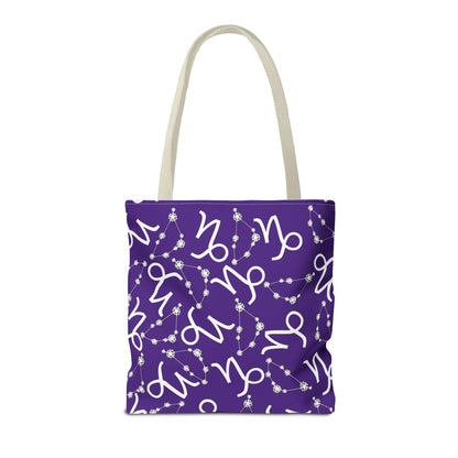 Tote Bag, Capricorn Zodiac Sign, AOP, (Purple, White)