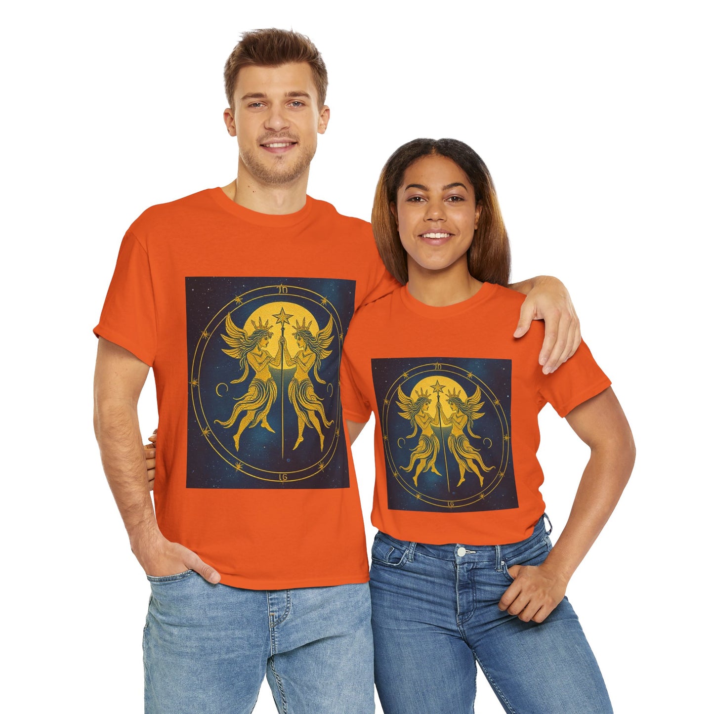 Unisex Heavy Cotton T-Shirt, Space Twins v3, Gemini Zodiac Design