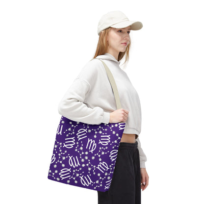 Tote Bag, Virgo Zodiac Sign, AOP, (Purple, White)