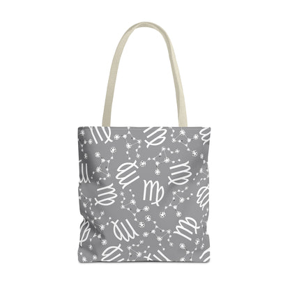 Tote Bag, Virgo Zodiac Sign, AOP, (Grey, White)