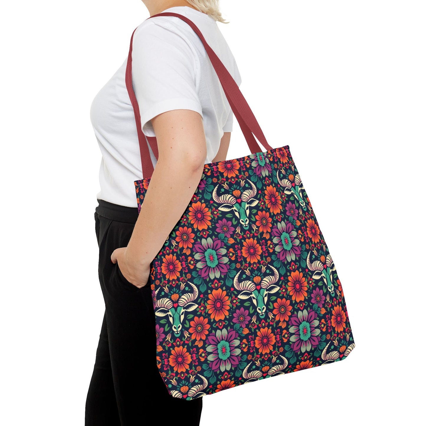 Tote Bag, (AOP), Taurus, Zodiac, Flower Pattern