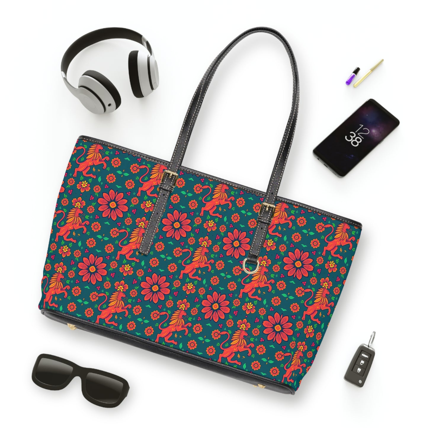 Leather Shoulder Bag, Leo, Zodiac v1, Flower Pattern