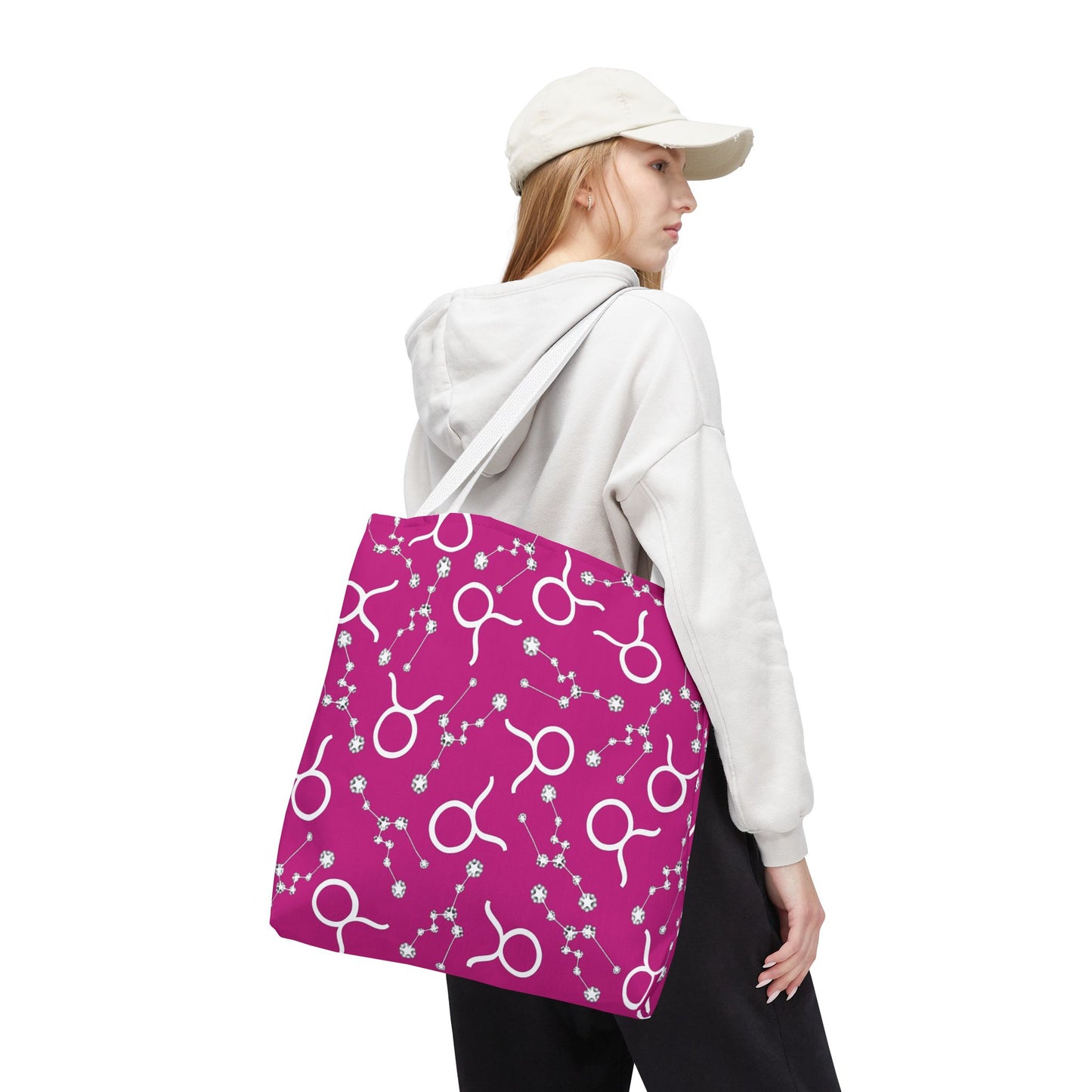 Tote Bag, Taurus Zodiac Sign, AOP, (Pink, White)