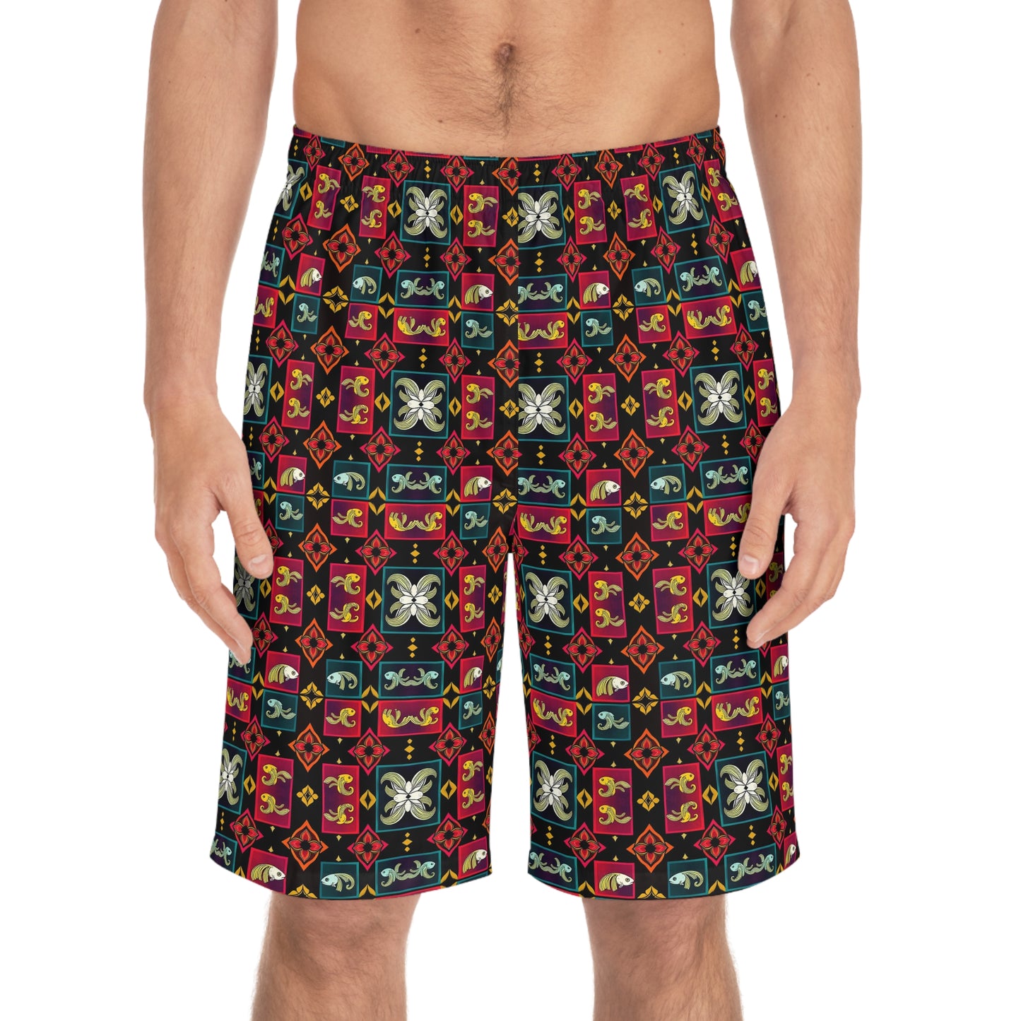 Men's Board Shorts, (AOP), Pisces, Zodiac v1, Shape Pattern