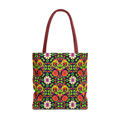 Tote Bag, (AOP), Aries, Zodiac, Flower Pattern
