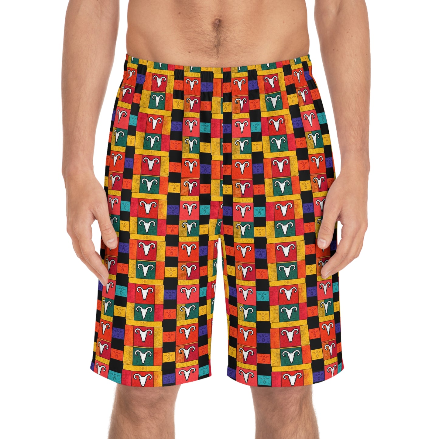 Men's Board Shorts, (AOP), Aries, Zodiac v1, Shape Pattern