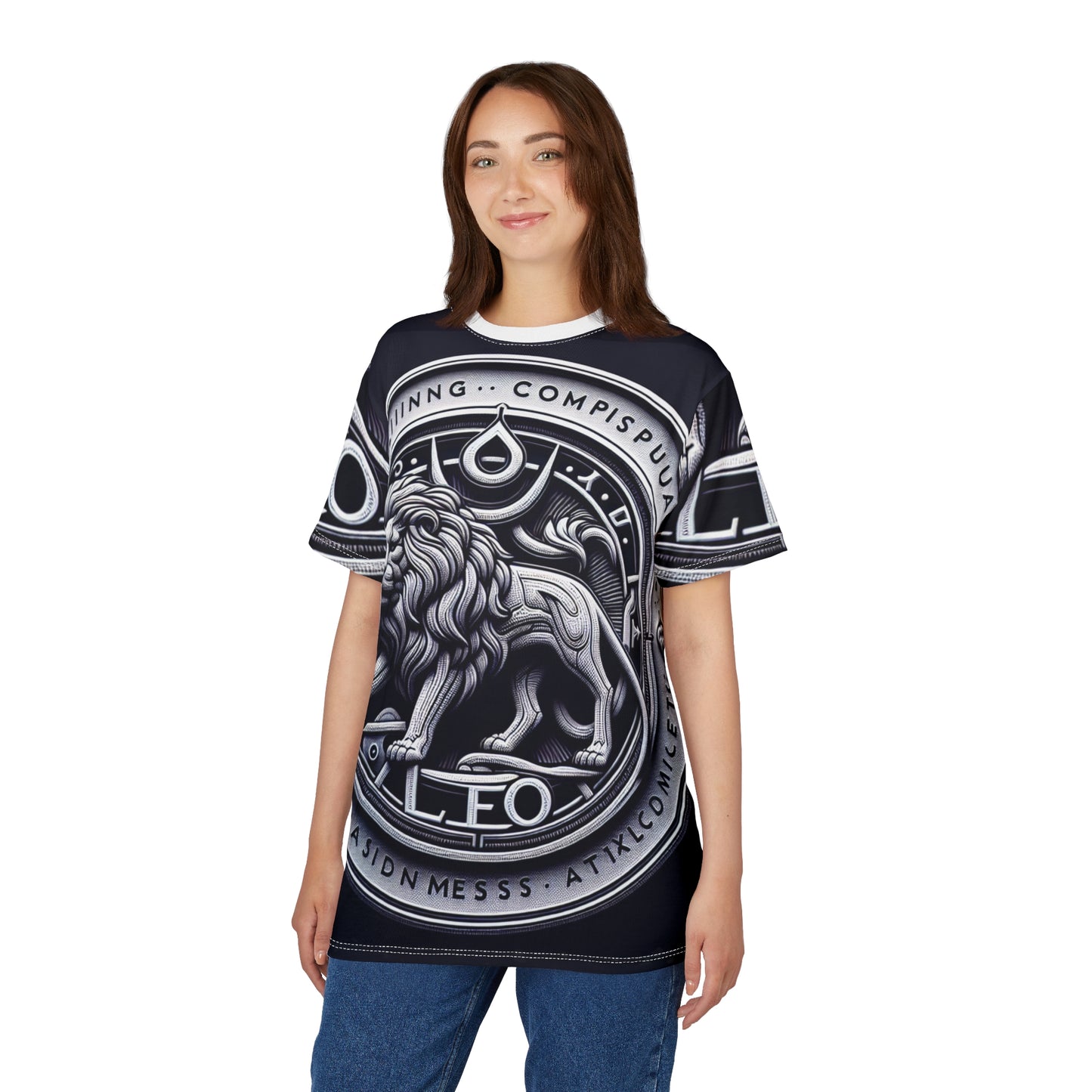 Unisex Cut & Sew T-Shirt (AOP), Lion Coin, Leo Zodiac Design, Regular fit, 100% Polyester