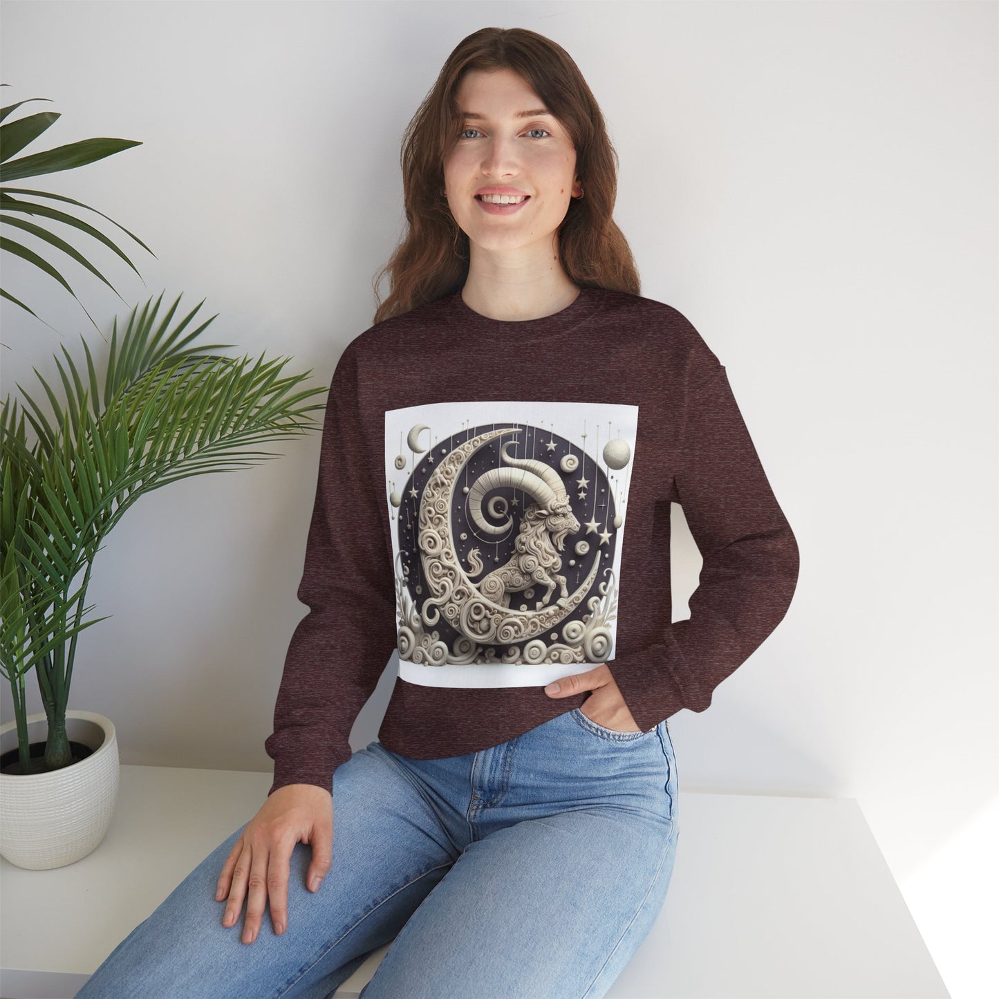 Unisex Heavy Blend™ Crewneck Sweatshirt, Stone Moon, Capricorn Zodiac Design