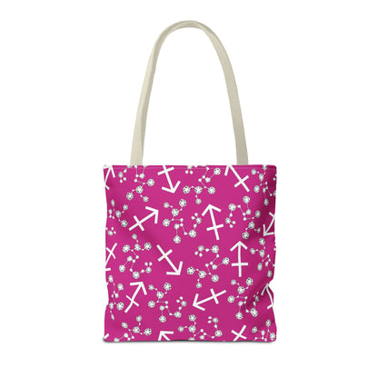 Tote Bag, Sagittarius Zodiac Sign, AOP, (Pink, White Print)