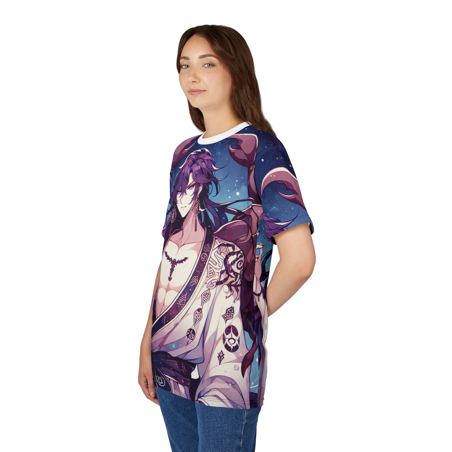 Unisex Cut & Sew T-Shirt (AOP), Anime Character, Scorpio Zodiac Design, Regular fit, 100% Polyester
