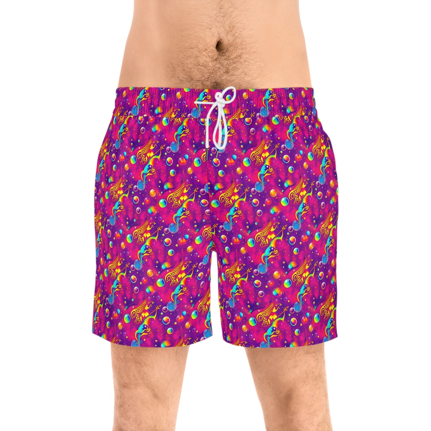 Men's Mid-Length Swim Shorts, (AOP), Sagittarius, Zodiac v3, Bubble Pattern