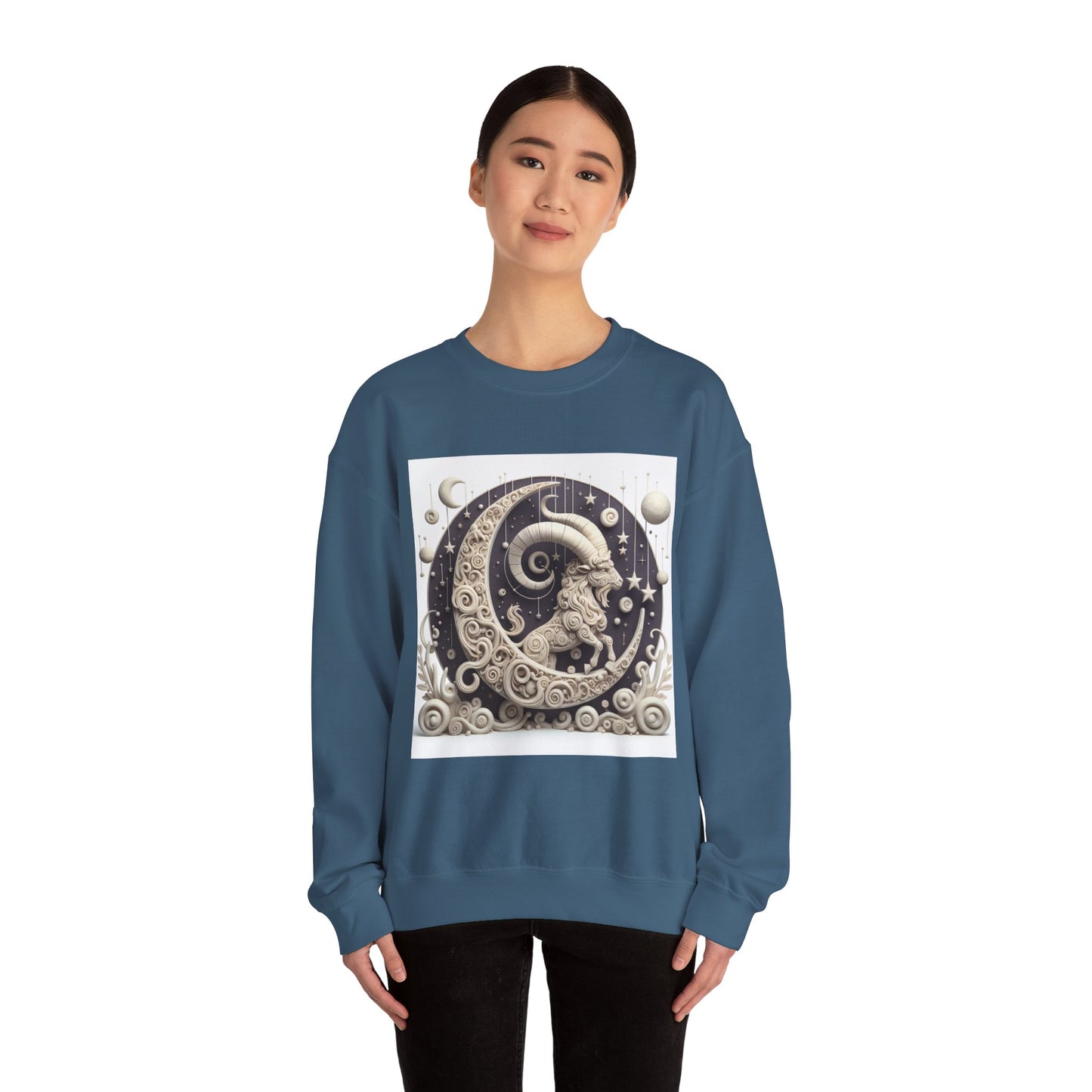 Unisex Heavy Blend™ Crewneck Sweatshirt, Stone Moon, Capricorn Zodiac Design