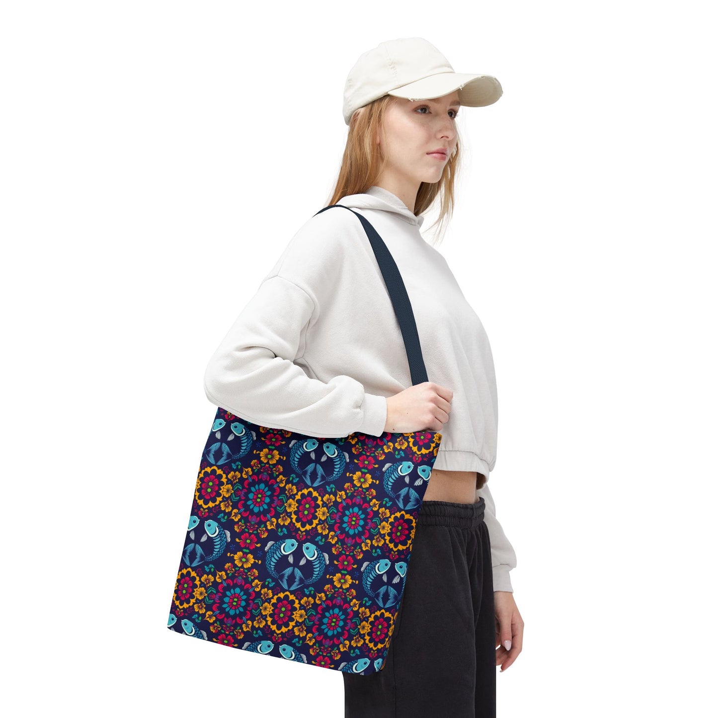 Tote Bag, (AOP), Pisces, Zodiac v3, Flower Pattern