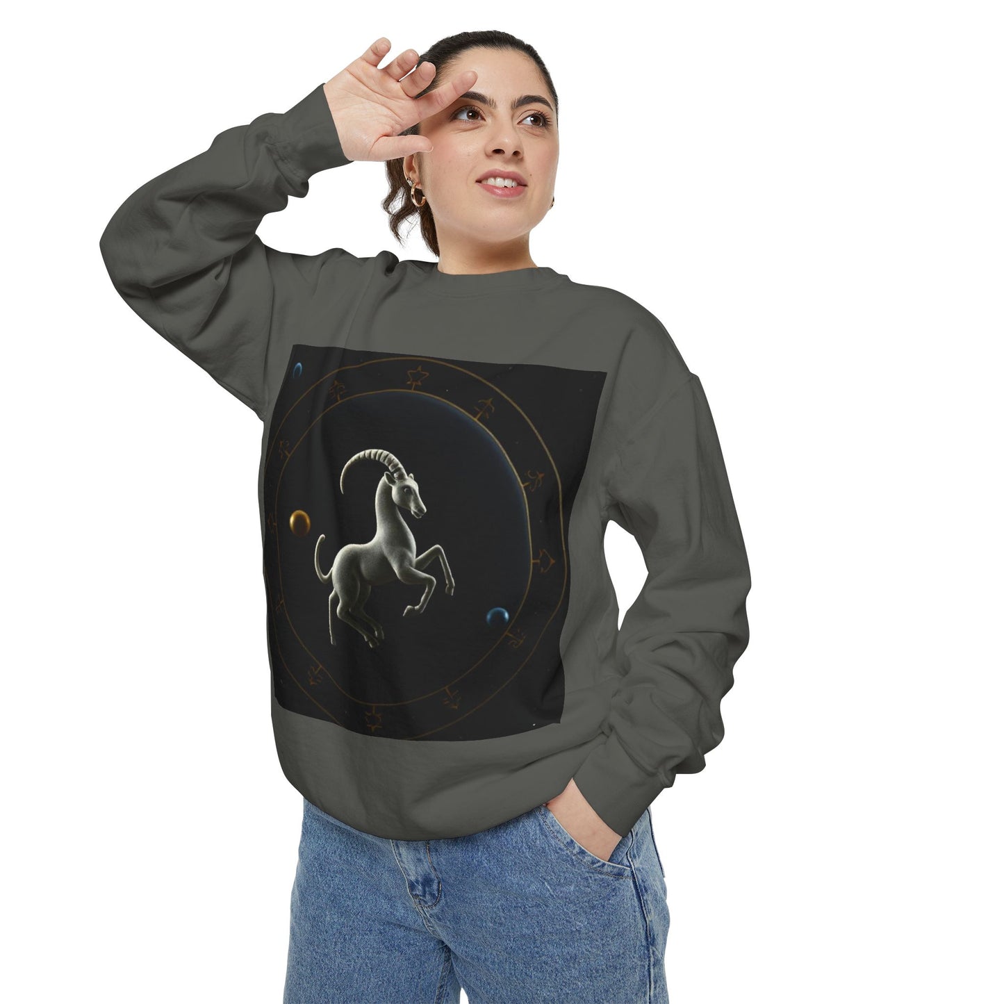 Garment-Dyed Sweatshirt, Unisex, Space Animal Design v1, Capricorn