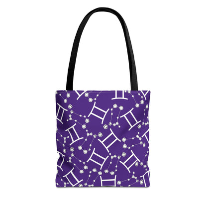 Tote Bag, Gemini Zodiac Sign, AOP, (Purple, White Print)