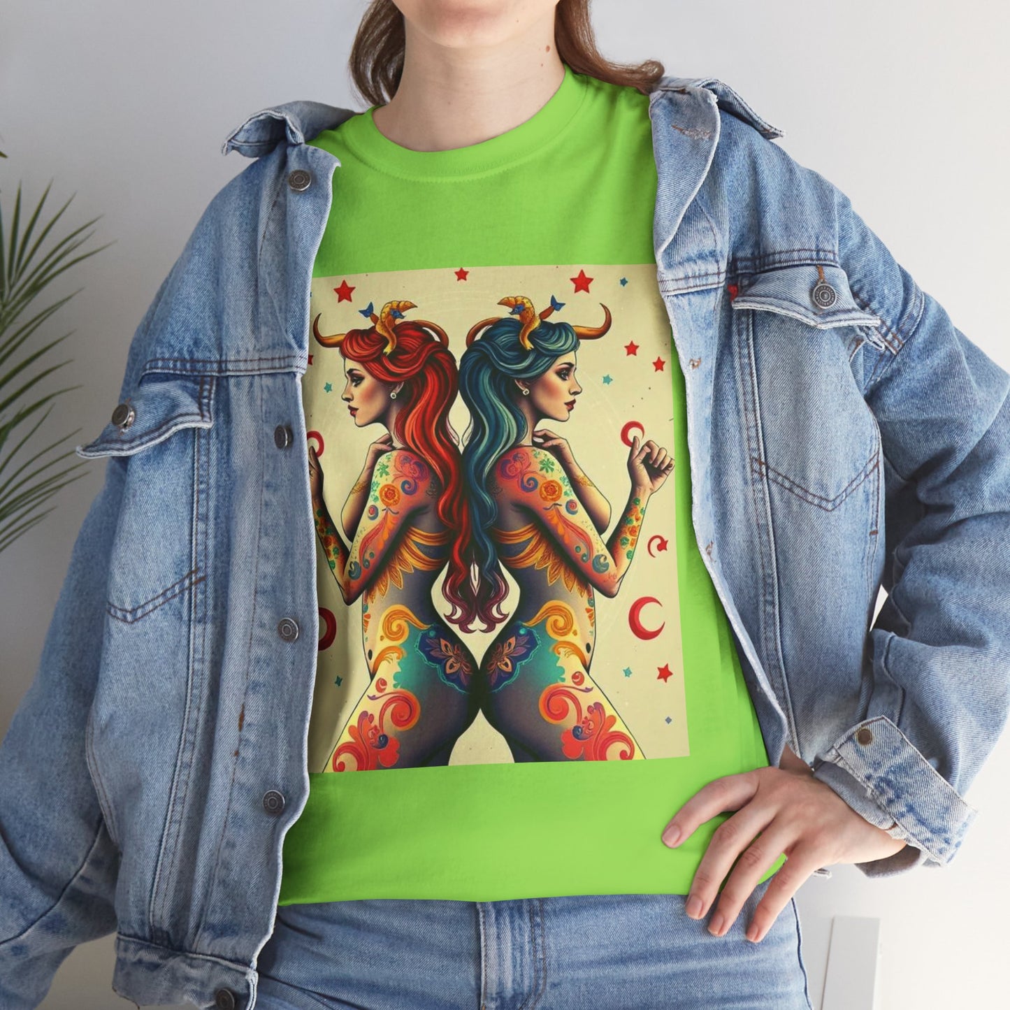 Unisex Heavy Cotton T-Shirt, Gemini, Zodiac v4, Sexy Art