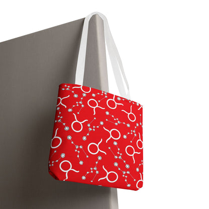 Tote Bag, Taurus Zodiac Sign, AOP, (Red, White)