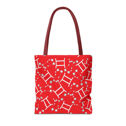 Tote Bag, Gemini Zodiac Sign, AOP, (Red, White Print)