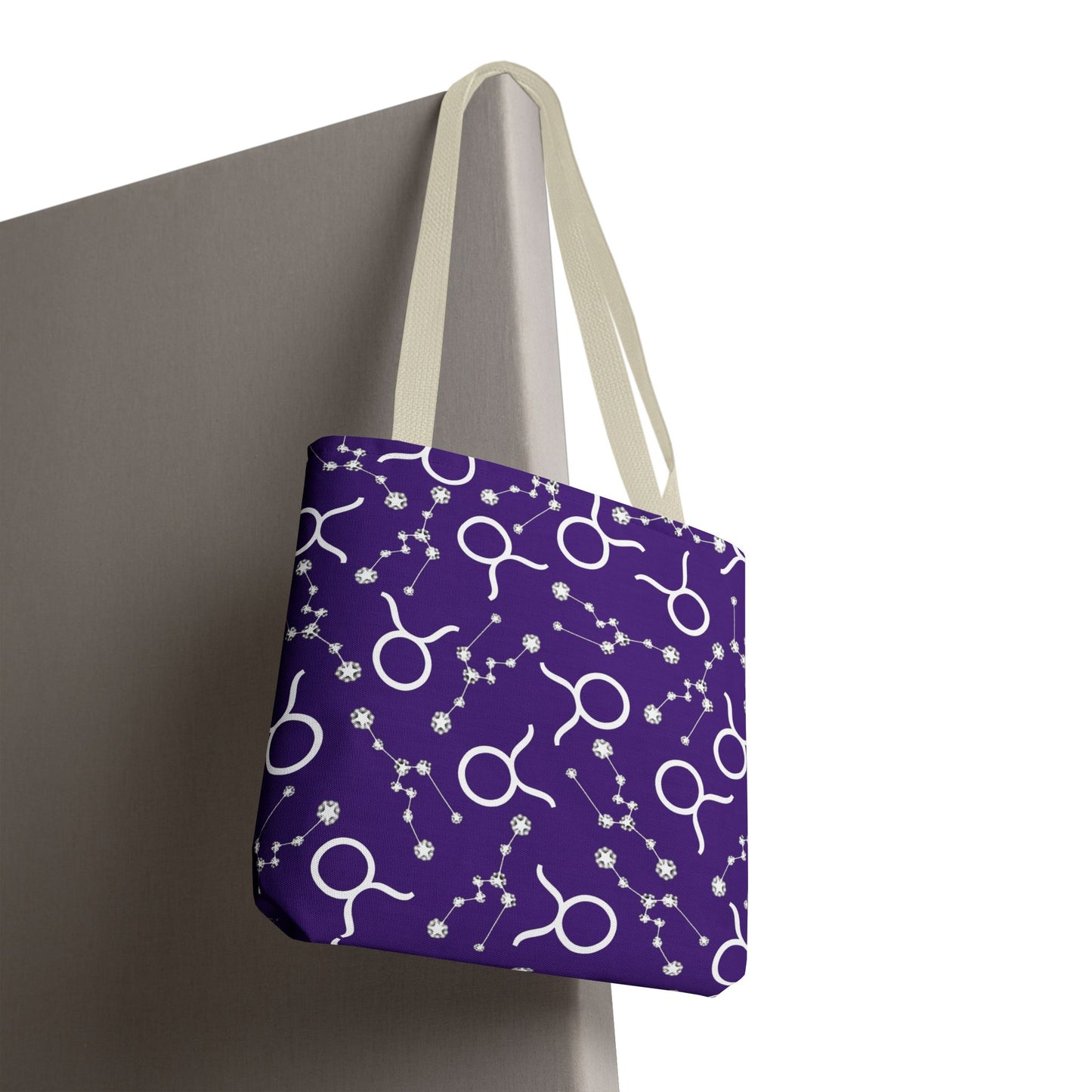 Tote Bag, Taurus Zodiac Sign, AOP, (Purple, White)