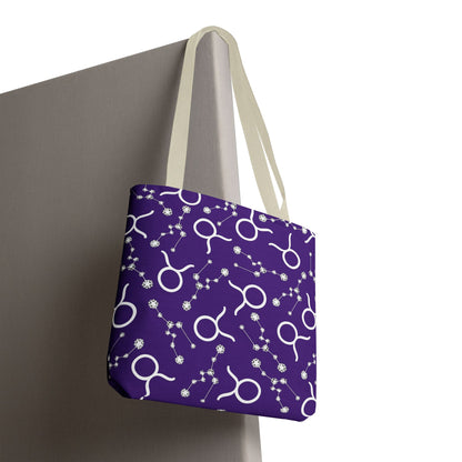 Tote Bag, Taurus Zodiac Sign, AOP, (Purple, White)