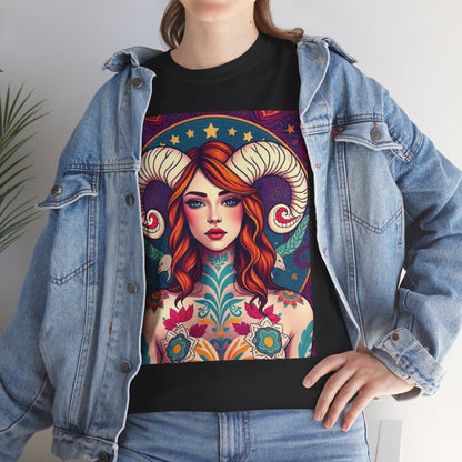 Unisex Heavy Cotton T-Shirt, Aries, Zodiac v1, Sexy Art