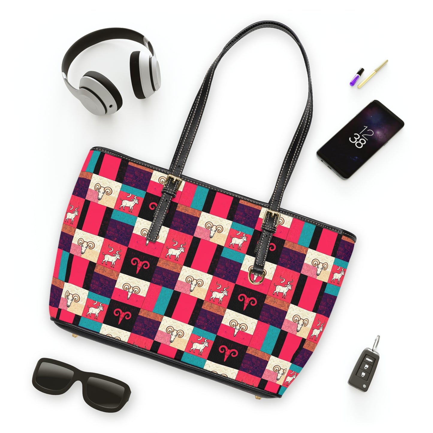 Leather Shoulder Bag, Taurus, Zodiac v4, Shapes Pattern