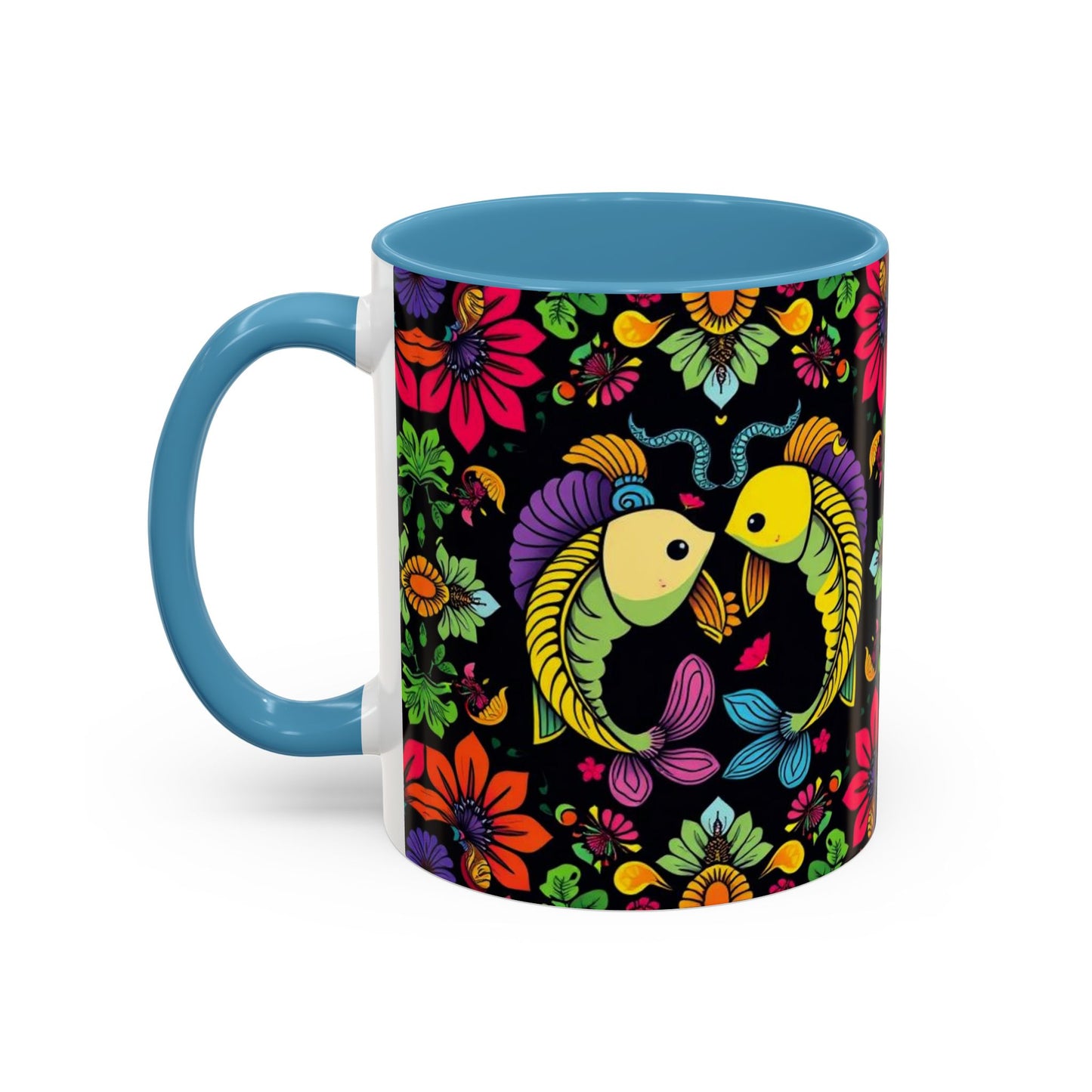 Accent Coffee Mug, Pisces, Zodiac v3, Flower Pattern, (11, 15oz)